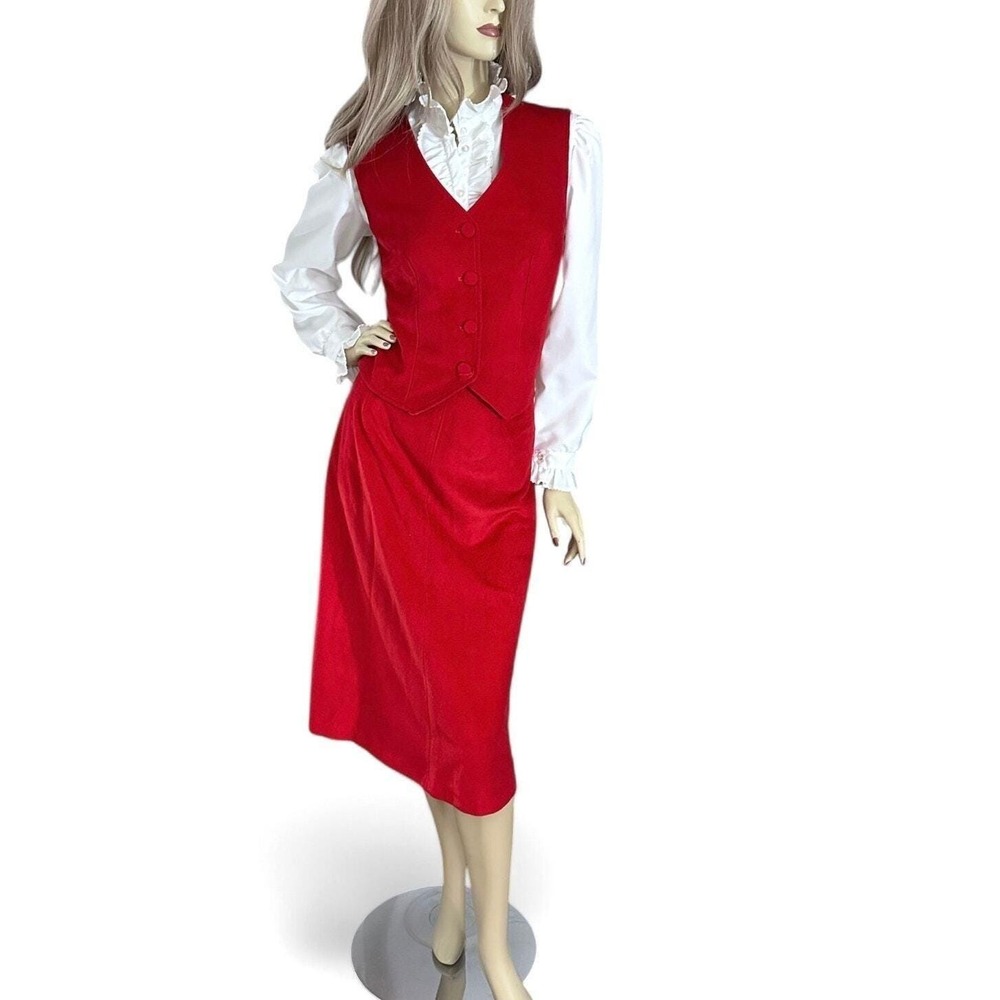 Vintage 80s Red Skirt Set Vest Small‎ Medium Dark Academia Coquette Office Chic